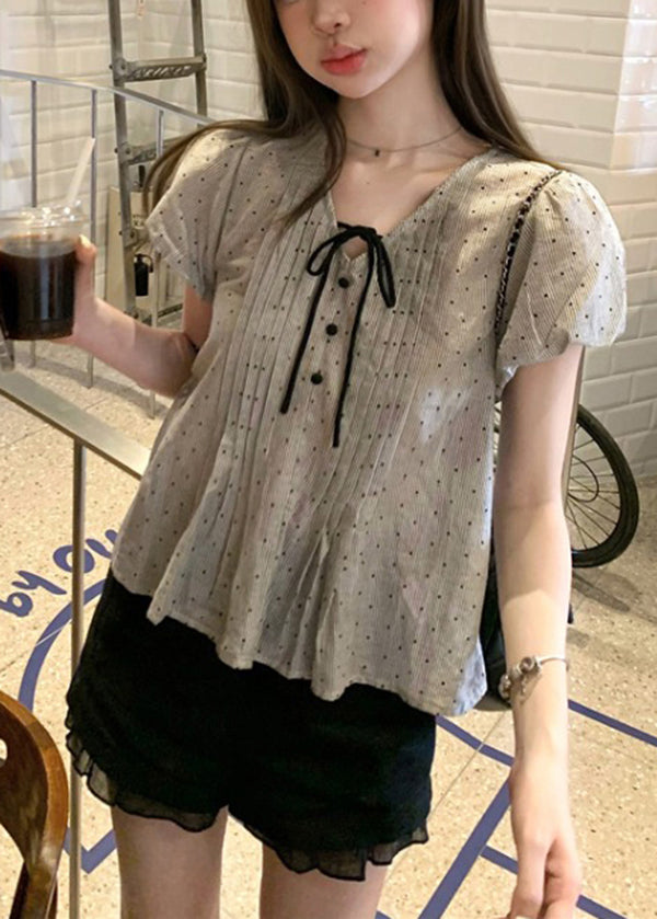 Wrinkled V Sleeve Top Puff Neck Lace Cotton French Up