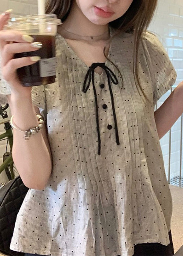 Wrinkled V Sleeve Top Puff Neck Lace Cotton French Up