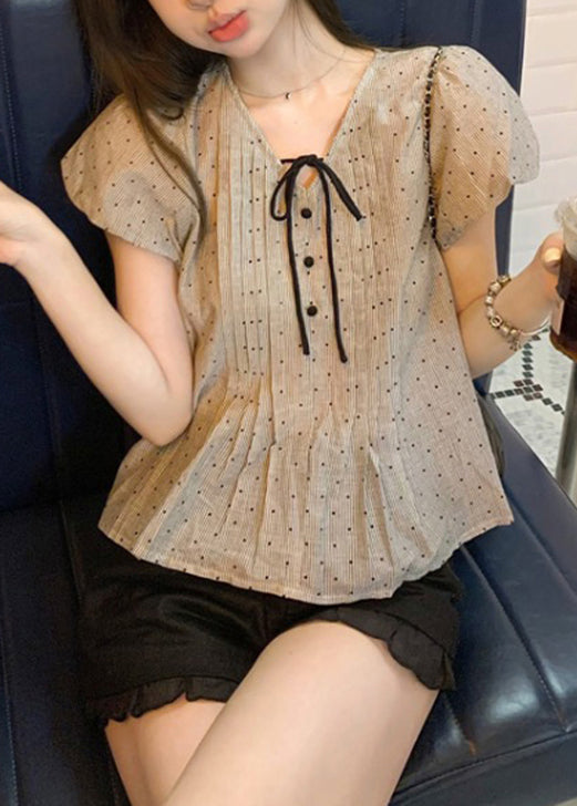 Wrinkled V Sleeve Top Puff Neck Lace Cotton French Up