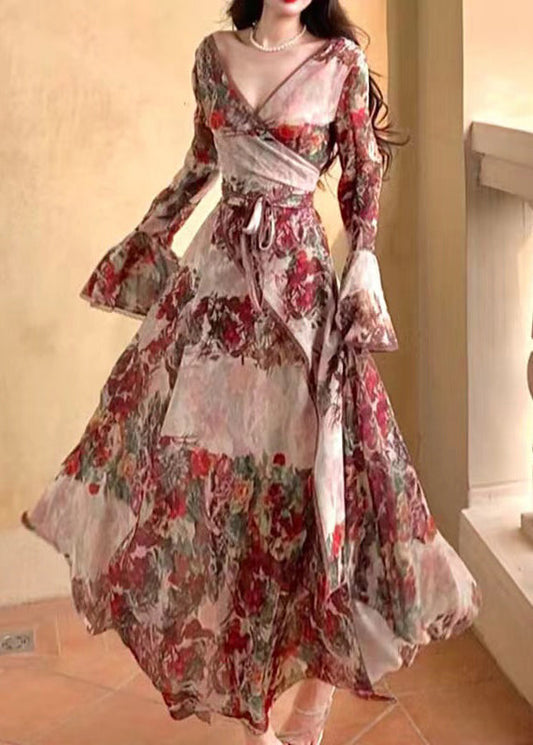 Französisches Baumwollkleid mit V-Ausschnitt, bedruckt, Taillenschnürung, ausgestellten Ärmeln, WW1003