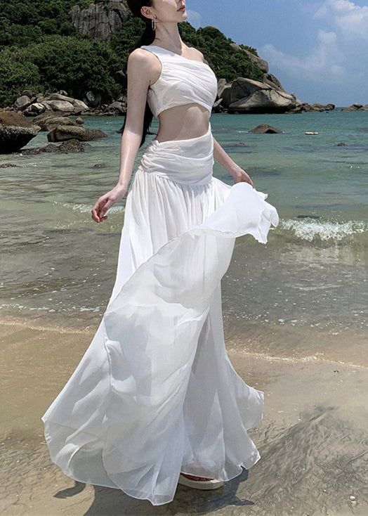 Wrinkled French White Asymmetrical Vacation Chiffon Dresses
