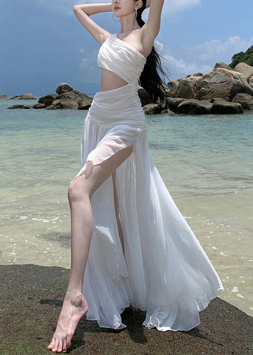 Wrinkled French White Asymmetrical Vacation Chiffon Dresses