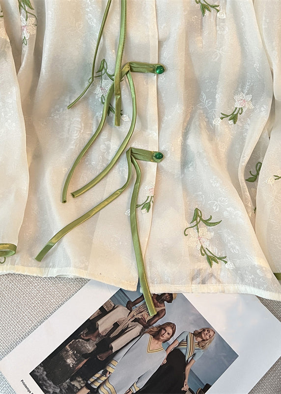 Französisches weißes chinesisches Chiffonhemd mit Knopfstickerei und langen Ärmeln JH064