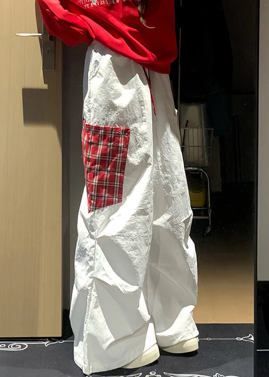 Pockets Plaid Patchwork Fall Cotton French White Pants