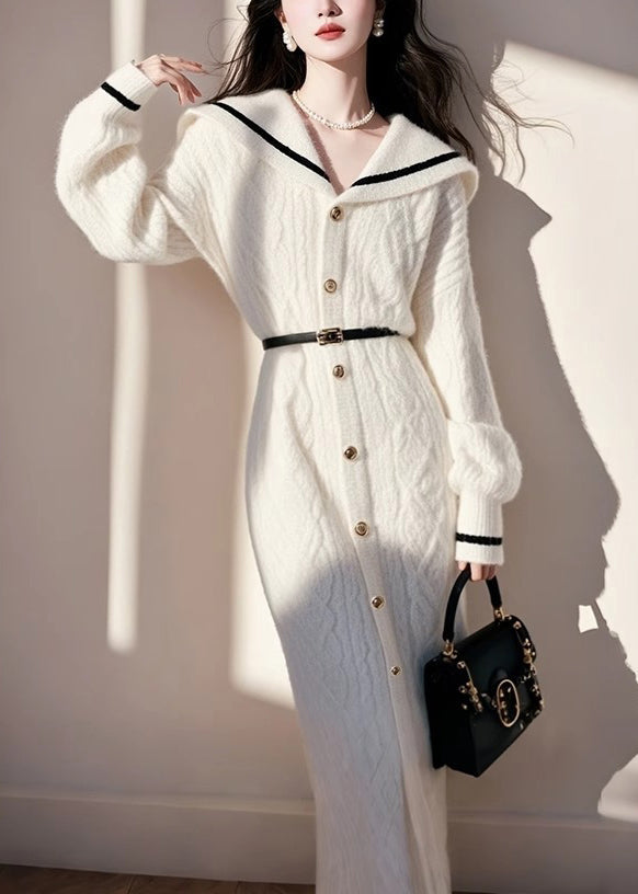 Sweater White French Fall Button Dress Collar Knit Sailor