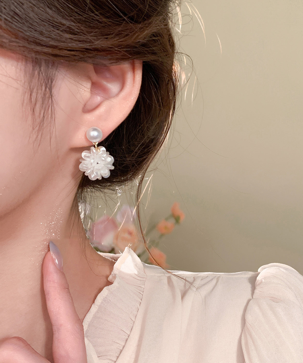 Stud French Resin Hydrangea Sterling Earrings White Silver Pearl