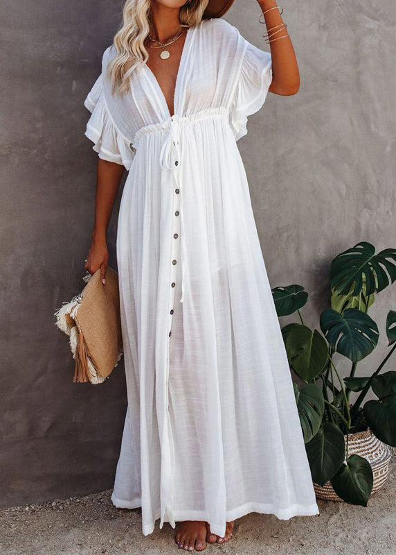 Dress Neck White Button V French Maxi Short Sleeve
