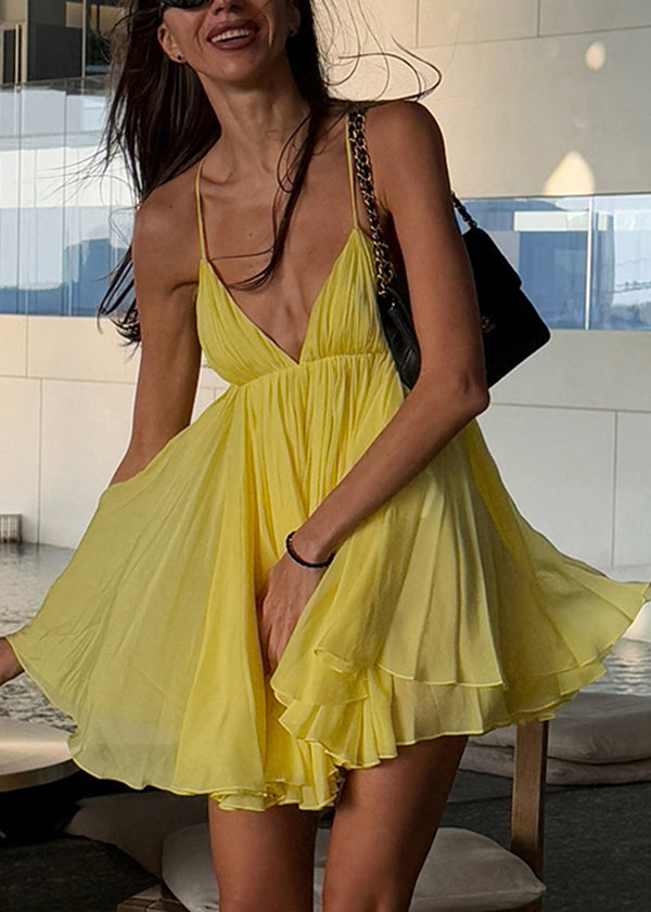 Dress Backless Strap Halter Spaghetti French Summer Yellow