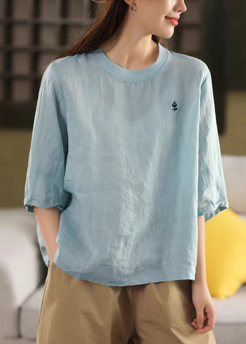 Green Half T Print Sleeve Cozy Linen O Shirt Neck