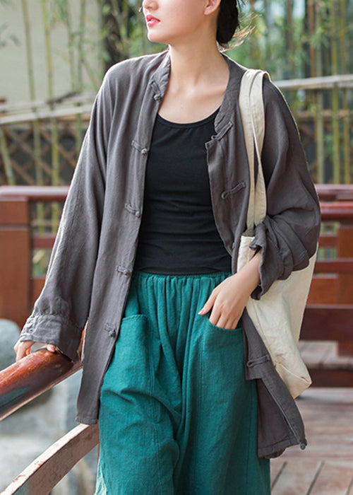 Graue Taschen Einfarbige Leinenmäntel Stehkragen Herbst QE036