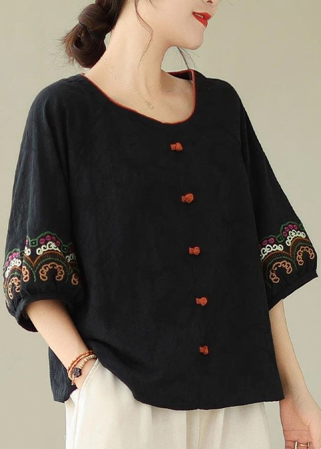 Handmade Half Sleeve Tops Black Embroidere Patchwork