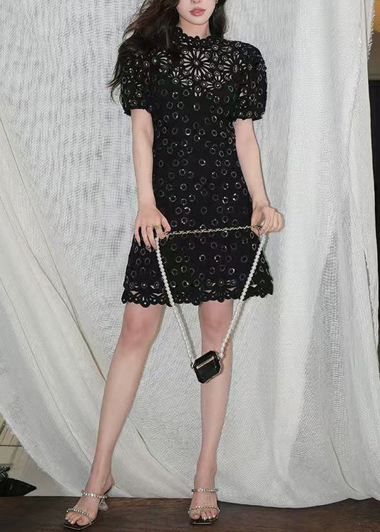 Hollow Black Sequins Summer Out Handmade Mid Cotton Dresses
