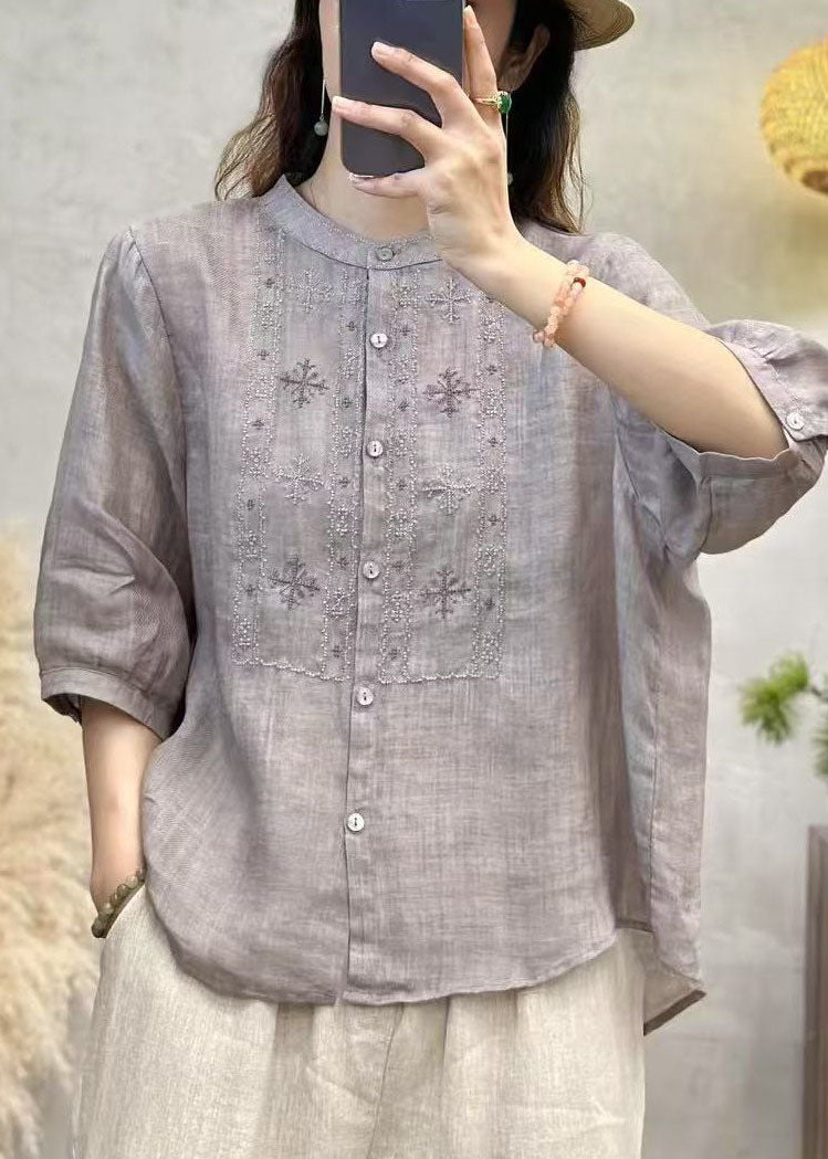 Sleeve Linen Embroidered Blue Half Tops Handmade