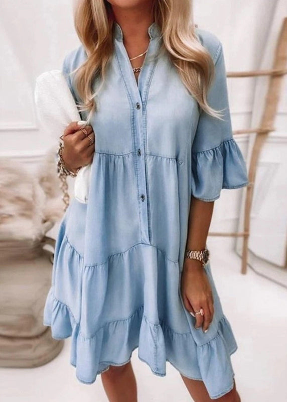 Patchwork V Denim Dresses Handmade Vacation Neck Mid Blue Flare