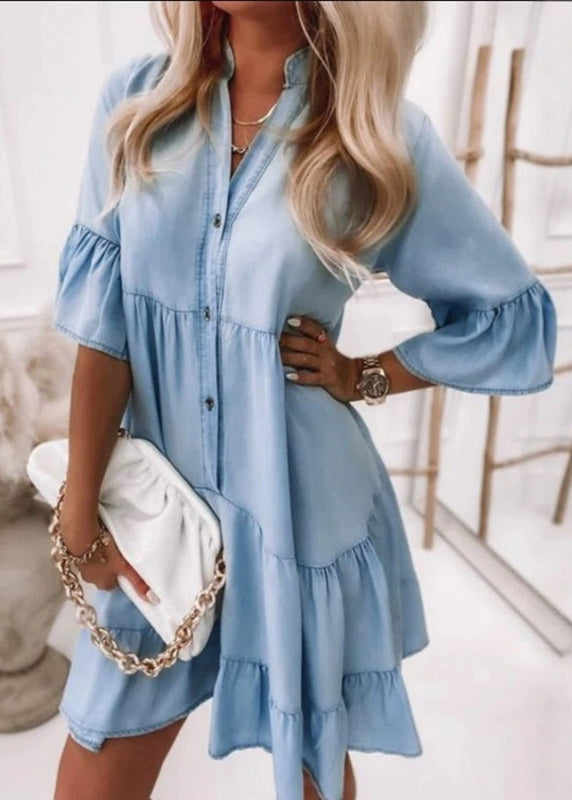 Patchwork V Denim Dresses Handmade Vacation Neck Mid Blue Flare