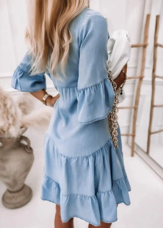 Patchwork V Denim Dresses Handmade Vacation Neck Mid Blue Flare