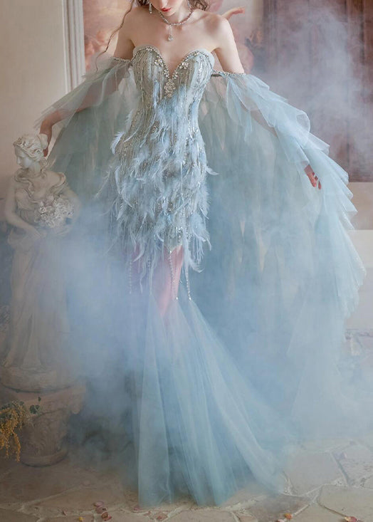 Zircon Tulle Blue Two Set Pieces Feather And Cape Handmade Dress