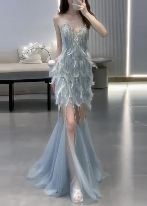 Zircon Tulle Blue Two Set Pieces Feather And Cape Handmade Dress