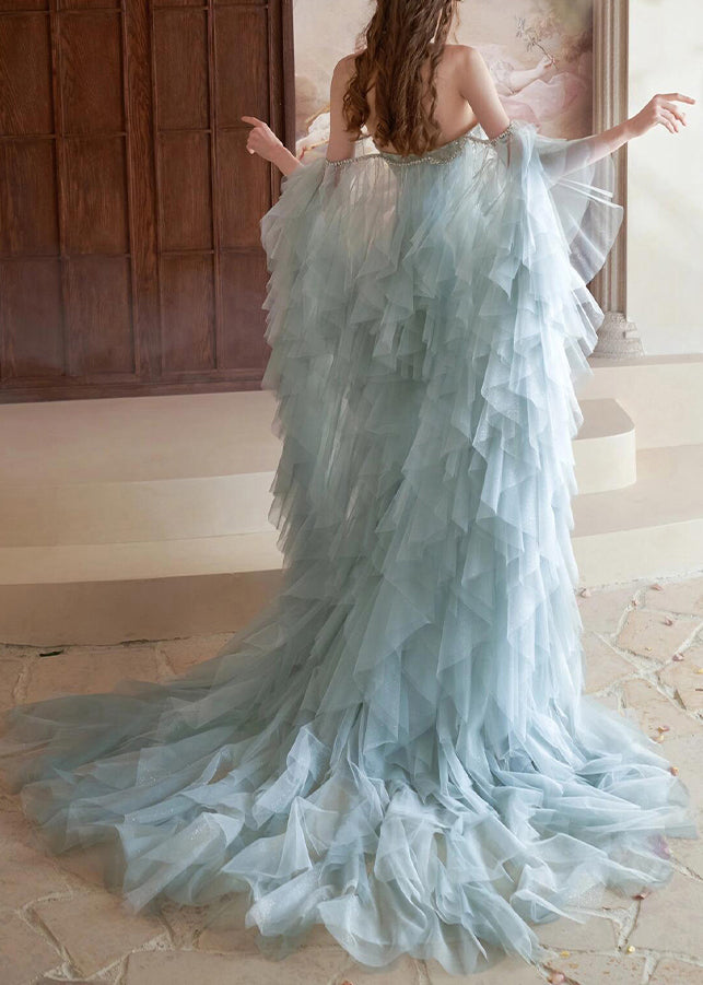 Zircon Tulle Blue Two Set Pieces Feather And Cape Handmade Dress