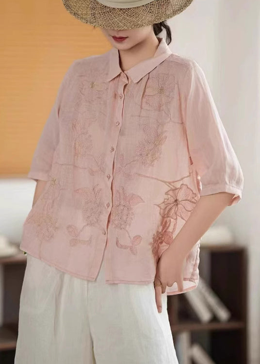 Shirt Half Handmade Sleeve Button Green Linen Embroidered