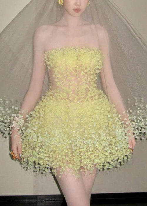 Yellow Handmade Strapless Waist Mid High Dress Tulle Light