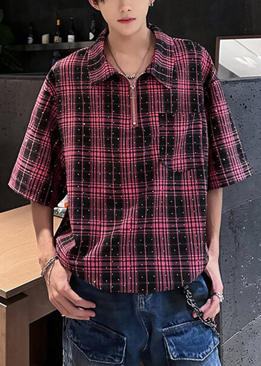 Handmade Sleeve Men Shirts Zippered Half Red Cotton Zircon Plaid