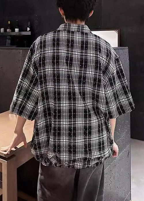 Handmade Sleeve Men Shirts Zippered Half Red Cotton Zircon Plaid