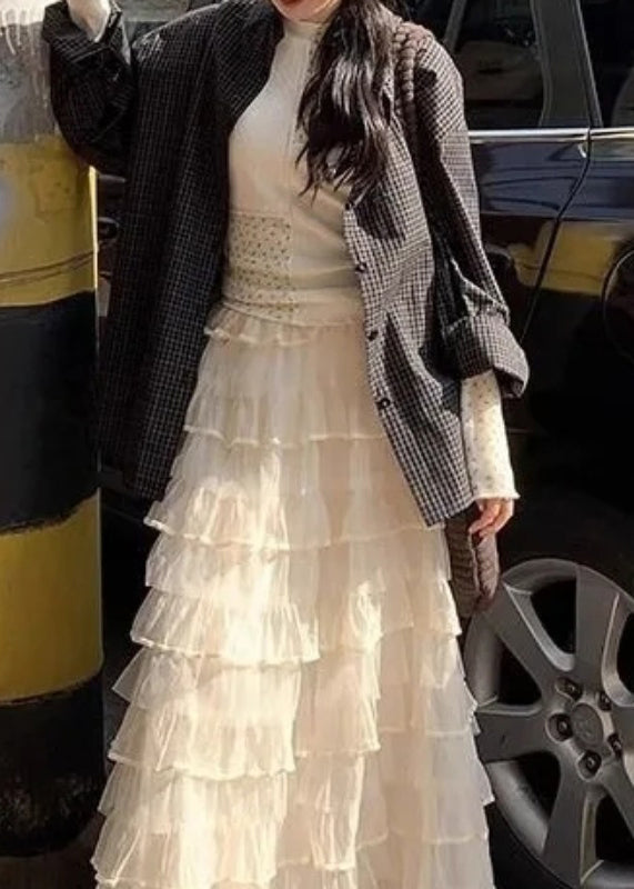 Elastic Skirts Layered Italian Waist Summer Solid Tulle Beige