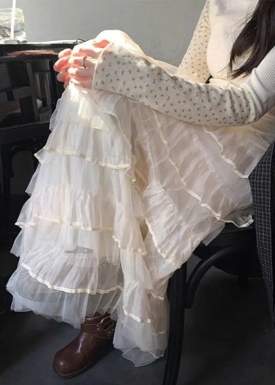 Elastic Skirts Layered Italian Waist Summer Solid Tulle Beige