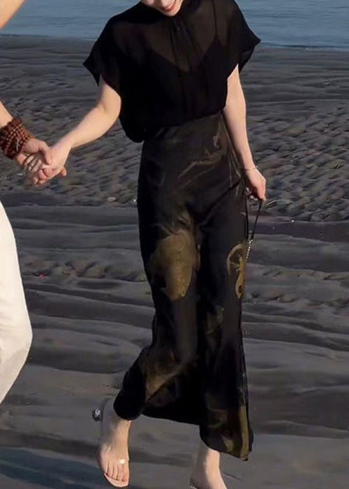 Two Chiffon Black And Print Lace Up Tops Pieces Skirts Italian