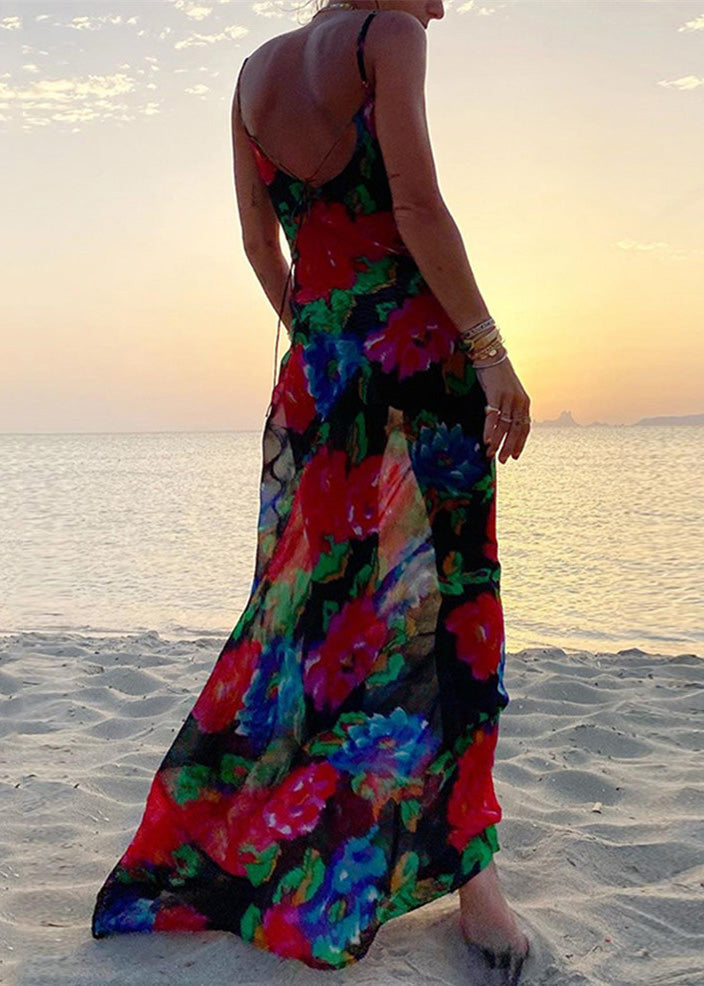 Chiffon Black Italian Print Spaghetti Strap Summer Dress