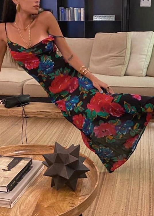 Chiffon Black Italian Print Spaghetti Strap Summer Dress