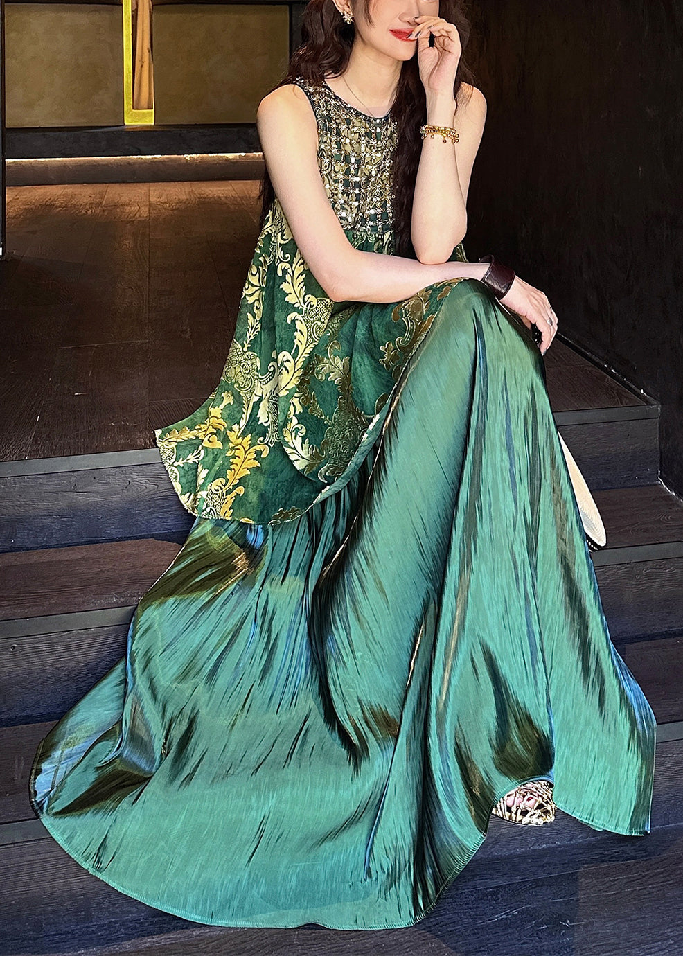 Patchwork Dresses Italian Sequins O Tulle Silk Neck Green