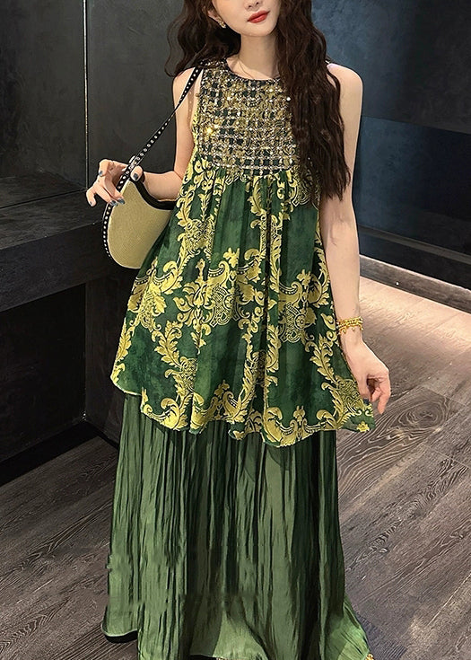 Patchwork Dresses Italian Sequins O Tulle Silk Neck Green