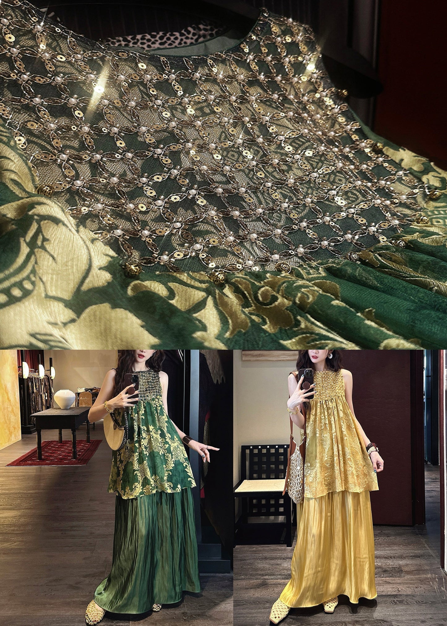 Patchwork Dresses Italian Sequins O Tulle Silk Neck Green