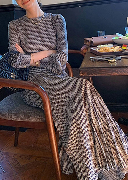 O-Neck Navy Fall Print Long Dresses High Cotton Italian Waist