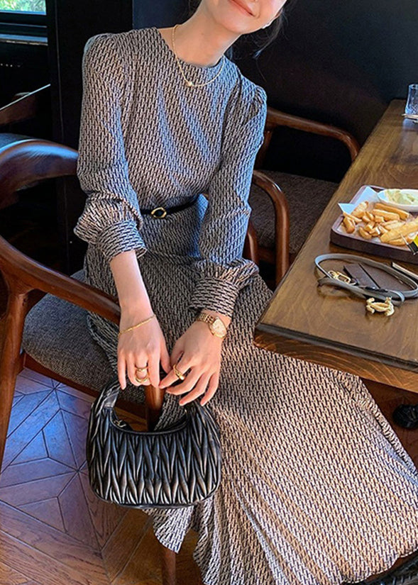 O-Neck Navy Fall Print Long Dresses High Cotton Italian Waist