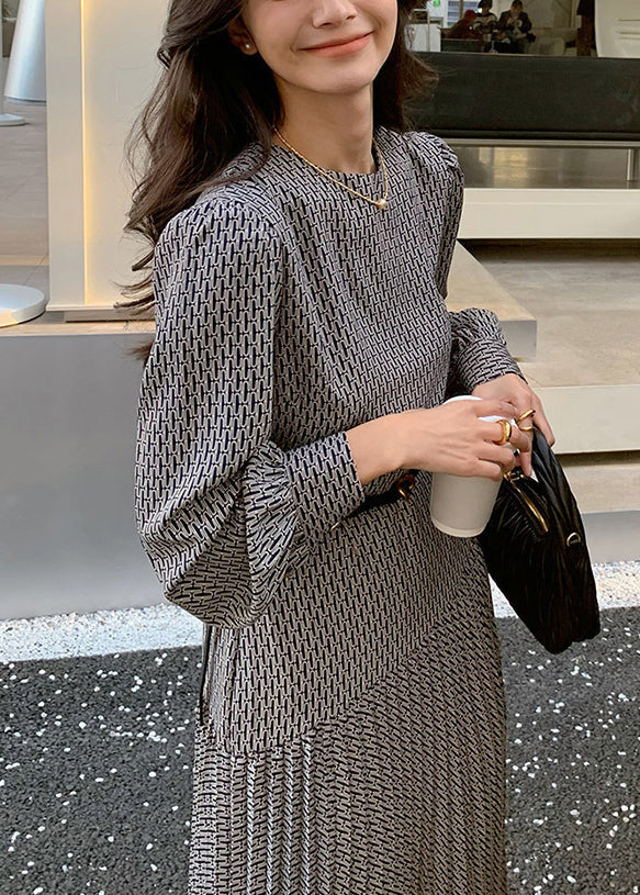 O-Neck Navy Fall Print Long Dresses High Cotton Italian Waist