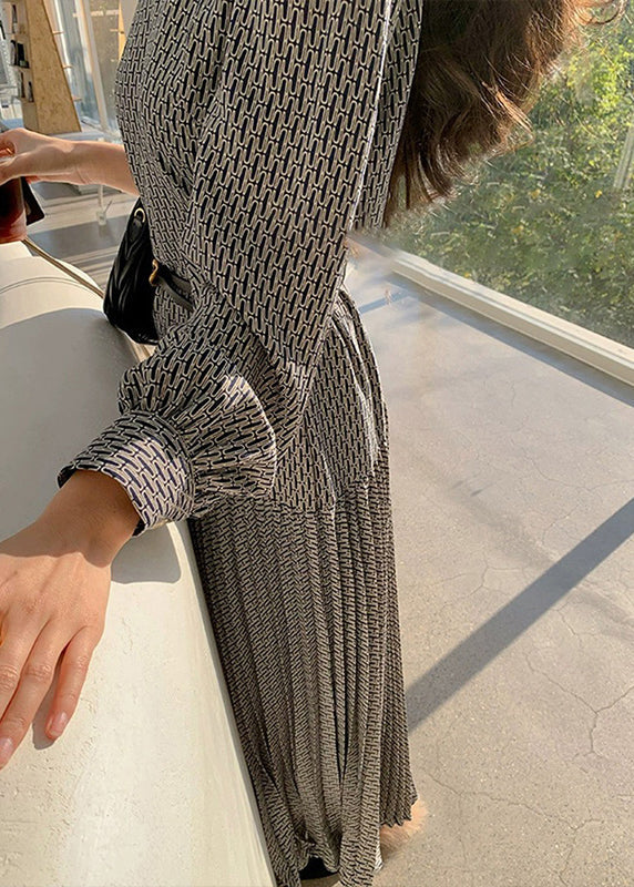 O-Neck Navy Fall Print Long Dresses High Cotton Italian Waist