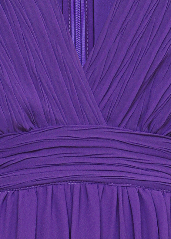 Italian Purple V Neck Wrinkled Chiffon Maxi Dresses Fall QR042