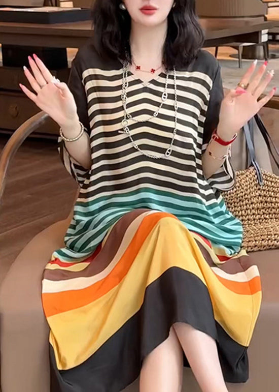 V Striped Neck Italian Silk Dress Summer Rainbow