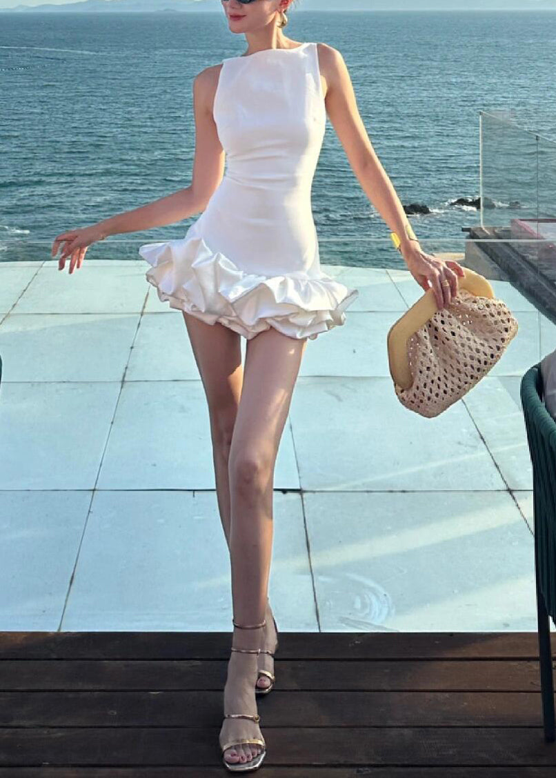 Solid Party Italian White Dress Sleeveless Cotton Backless