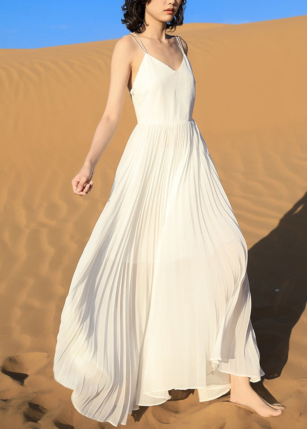 Wrinkled Backless White Dress Spaghetti Italian Chiffon Strap