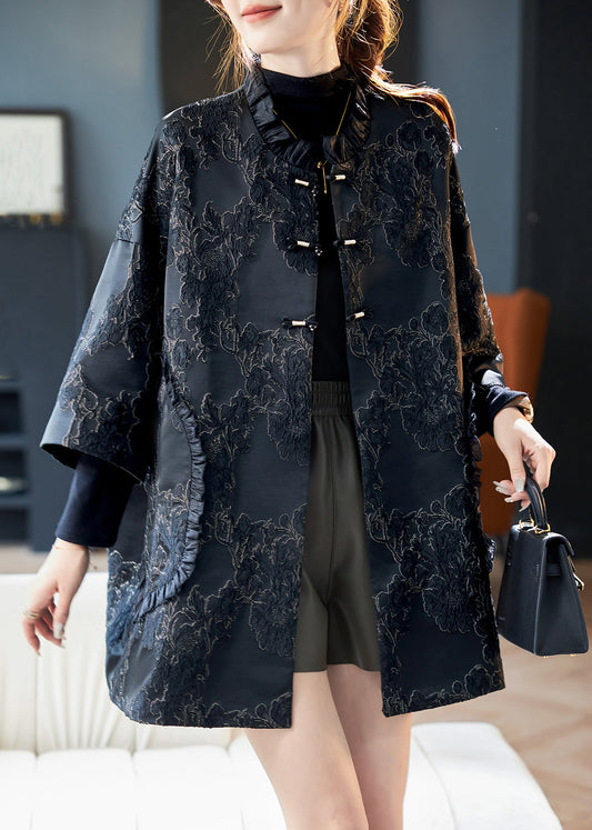 Jacquard Schwarz Rüschen Knopf Baumwolle Mäntel Armband Ärmel AB1025