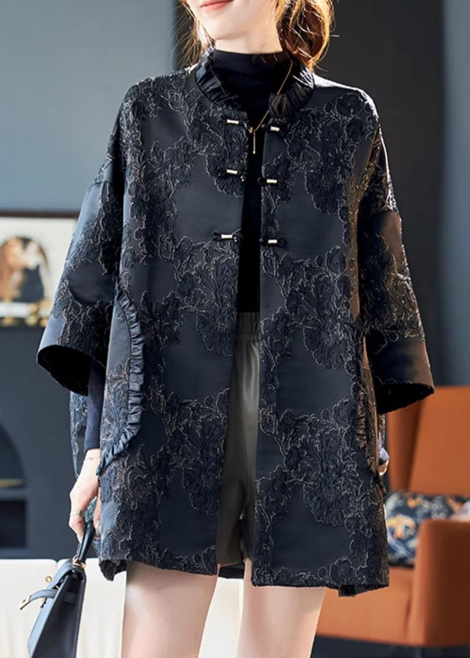 Jacquard Schwarz Rüschen Knopf Baumwolle Mäntel Armband Ärmel AB1025