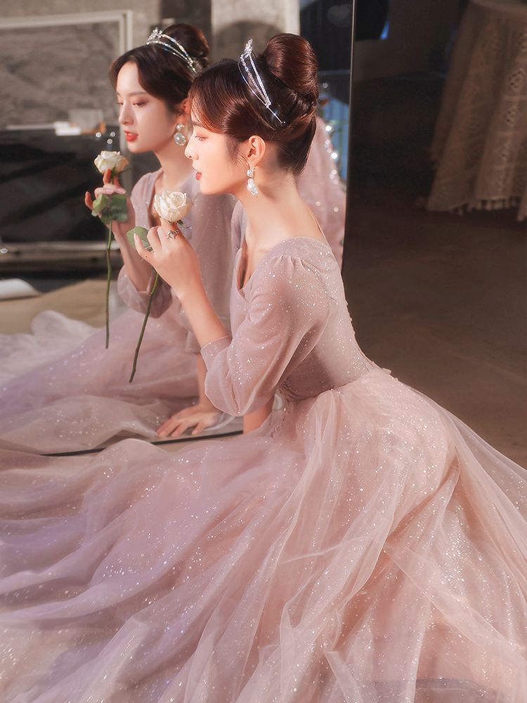 Puff-Sleeve Floral Embroidered A-Line Evening Gown (Various Designs)