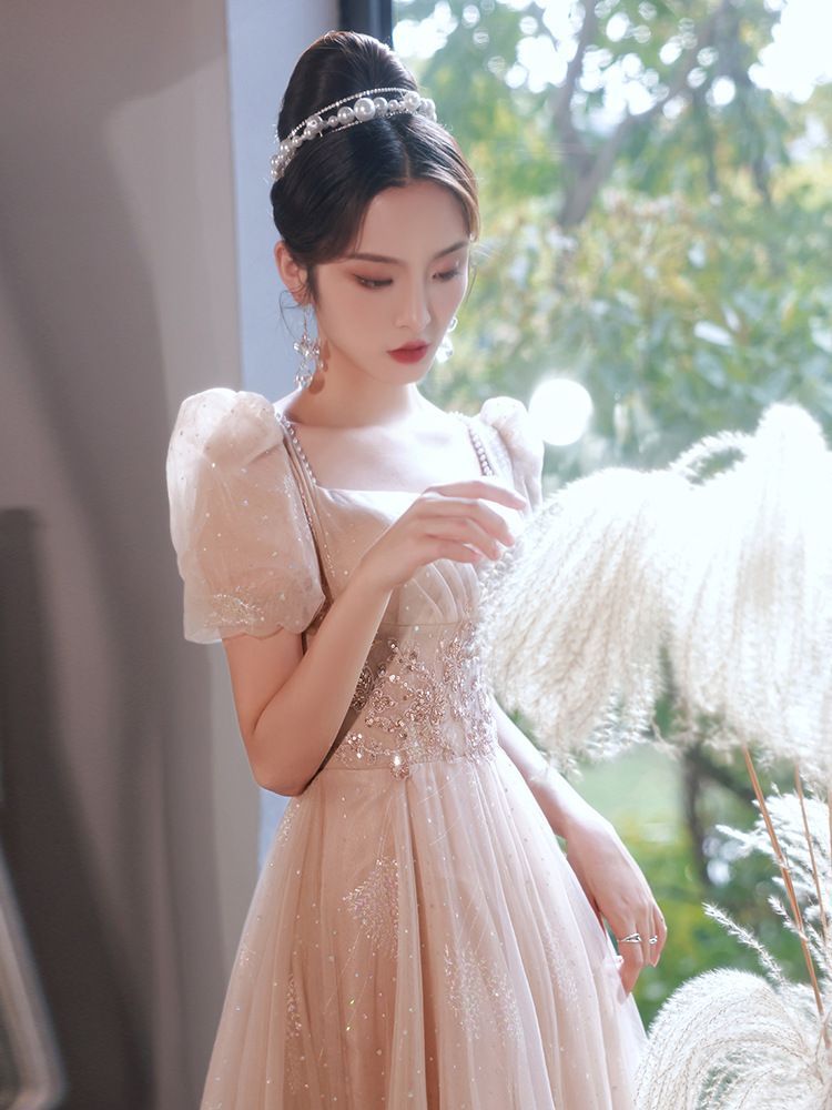 Puff-Sleeve Sequined Lace-Up Back A-Line Evening Gown (Various Designs)
