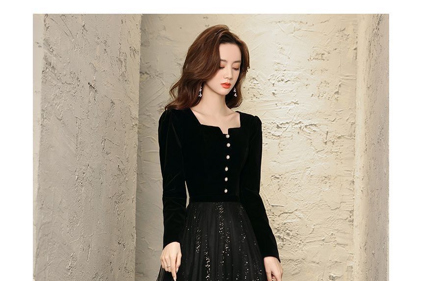 Long-Sleeve Sequin A-Line Evening Gown