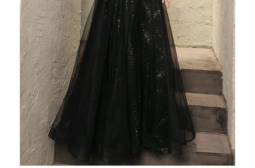 Long-Sleeve Sequin A-Line Evening Gown