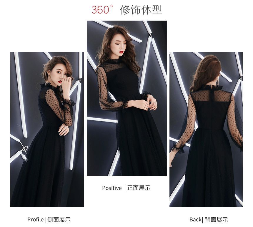 Long-Sleeve Mesh A-Line Evening Gown